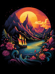 t-shirt design, a boat with a rainbow sail on the mountains, in the style of detailed character illustrations created with Generative Ai