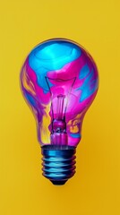 Colorful Light Bulb on Yellow Background, Illuminating a Vibrant Glow