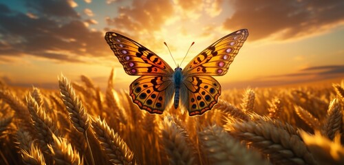 Amber-hued butterfly with symmetrical patterns, gliding through a field of golden wheat,...