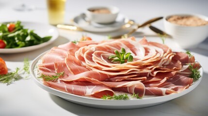  a plate of prosciutto on a table with a bowl of salad and a glass of orange juice.