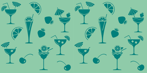 Seamless green background, pattern for the design of shop windows of a cafe, restaurant, kiosk, menu. Cocktails decorated with fruit.