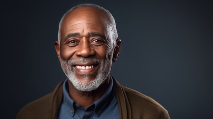 Obraz premium an African American senior man at home, capturing his genuine smile, the senior man standing against a grey background, emphasizing a minimalist modern style composition.