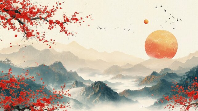 Vibrant China Landscape: Clean Poster Background Showcasing the Serene Beauty of Natural Harmony