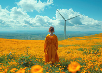 Fototapeta premium Young slim woman in maxi dress stands with her back to us on the top of hill, flower field with wind power station plant, turbine