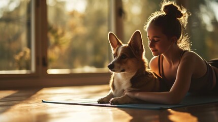 fitness with dogs, a girl does exercises with her corgi dog, new trend of yoga and pilates - obrazy, fototapety, plakaty