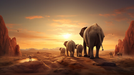 Elephant Gathering. A small group of elephants gather at a waterhole on a summer's day under threatening skies.