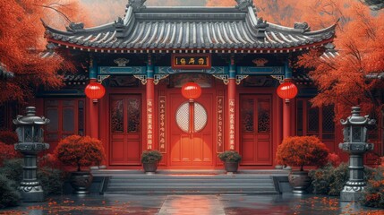 Elegant Chinese New Year Banner Illustration for Festive Celebrations with Red Lanterns and Traditional Elements - obrazy, fototapety, plakaty