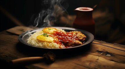Omelette rice is on the wooden table in the kitchen.