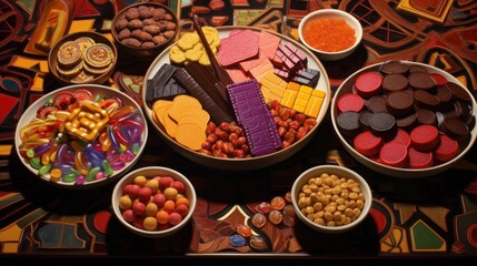 a table topped with bowls filled with different types of candies and chocolates on top of a colorful table cloth.