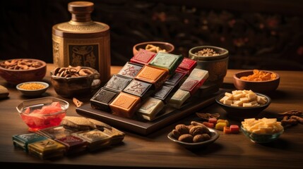  a wooden table topped with lots of different types of food next to a bottle of wine and a bowl of nuts.