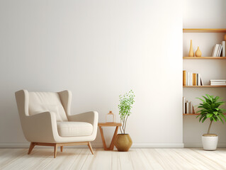 Interior room with white arm chair and an open bookcase