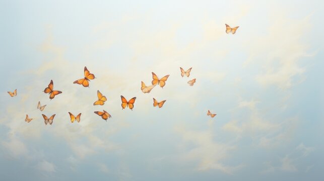  a group of orange butterflies flying through a blue sky with a few clouds in the foreground and a few white clouds in the background.