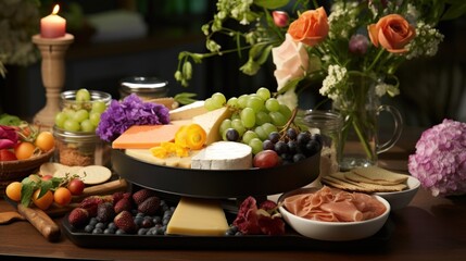  a variety of cheeses, fruits, and meats are arranged on a table with flowers in the background.