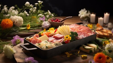  a variety of meats and cheeses in a pan on a table with flowers and candles in the background.