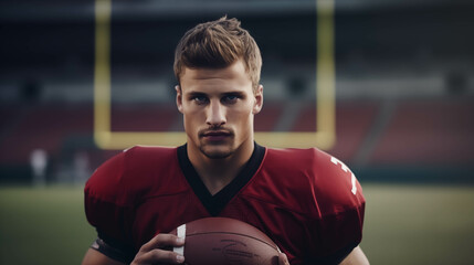 Caucasian male soccer player plays football on the field.