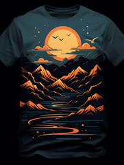 t-shirt design, the beautiful mountains near a river in flat style illustration, in the style of multidimensional shading created with Generative Ai