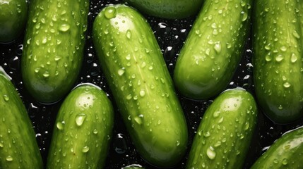  a close up of a bunch of cucumbers with drops of water on the top of the cucumbers.