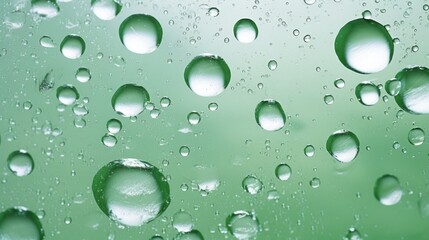  a close up of water droplets on a green glass with a blue sky in the background and green grass in the foreground.