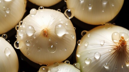  a group of onions with drops of water on them and the tops of the onions are covered in drops of water.
