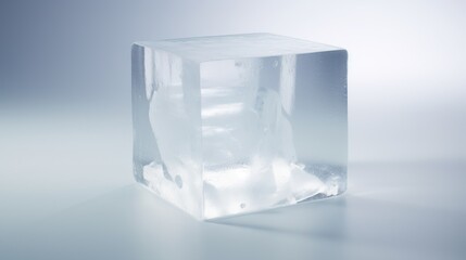  a cube of ice sitting on top of a white counter top next to a glass bottle of water on a table.