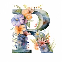 Letter R, alphabet letters with watercolor flowers and leaves. Floral monogram initials perfectly for wedding invitation, greeting card, logo, poster and other. Holiday design hand painting.