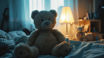 Ein glücklicher Teddybär sitz im Kinderzimmer