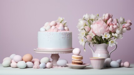  a table topped with a cake covered in frosting next to a vase filled with flowers and macaroons.