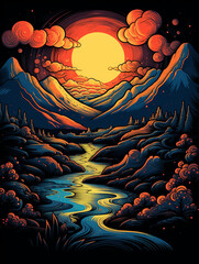 t-shirt design, the beautiful mountains near a river in flat style illustration, in the style of multidimensional shading created with Generative Ai