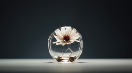 a white flower in a glass vase on a gray surface with a black back ground and a black back ground.