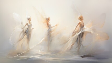  a digital painting of three women dressed in white gowns and veils with flowing hair and flowing flowing fabric.