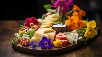 Obraz na płótnie Canvas a variety of cheeses and flowers on a wooden platter with a tin of dipping sauce on the side.