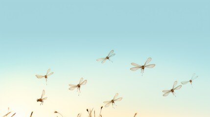  a group of dragonflies flying in the sky above a field of tall grass in front of a blue sky.