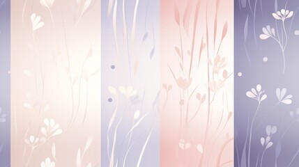  a set of four vertical striped wallpapers with flowers and grass in pastel pinks, purples, and lavenders.