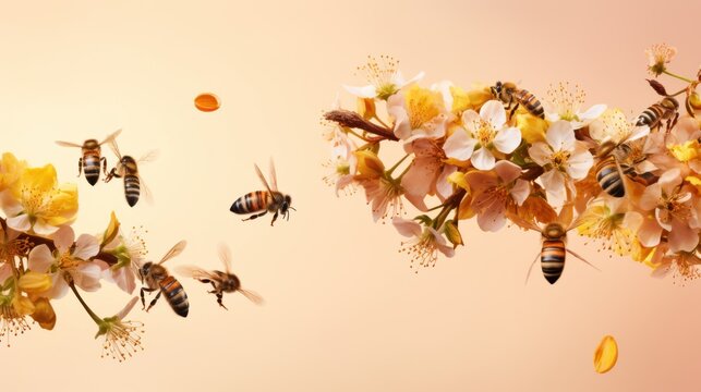  a bunch of bees flying around a bunch of flowers on a yellow and pink background with a bee in the middle of the picture.