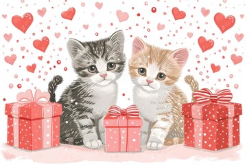 Valentines day two cute kitten and gift boxes