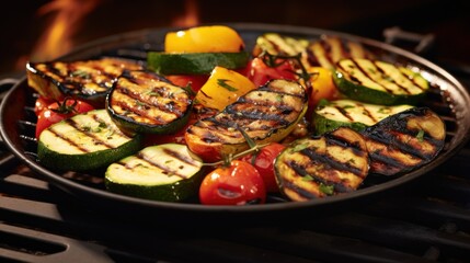  a pan filled with grilled vegetables sitting on top of a bbq grill with a fire in the background.