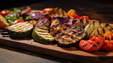  a cutting board topped with grilled vegetables on top of a wooden table next to a plate of salads.