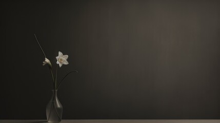  a vase filled with white flowers sitting on top of a table next to a black wall in a dark room.