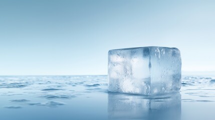  a block of ice sitting on top of a table next to a body of water with a sky in the background.
