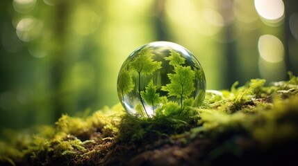 Obraz na płótnie Canvas Earth Day, the environment, and a green globe nestled in a forest adorned with moss, defocused abstract sunlight to create a composition or scene in a minimalist modern style.