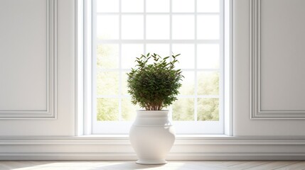  a white vase with a plant in it sitting in front of a window with sunlight streaming through the window panes.
