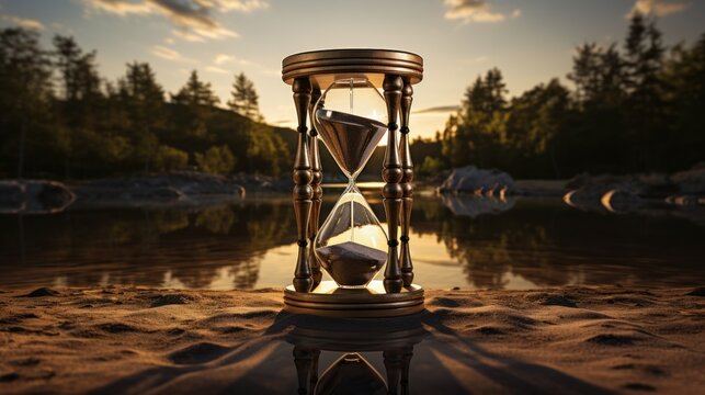  an hourglass sitting on top of a sandy beach next to a body of water with trees in the background.