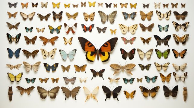 a group of butterflies sitting on top of a white wall next to a wall mounted with a number of different types of butterflies.