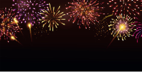 Fototapeta na wymiar Vector decorative border with colorful exploding fireworks in the sky - celebration card, festival banner