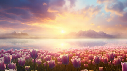 Colourful tulips at sunrise on a beautiful foggy morning. - obrazy, fototapety, plakaty