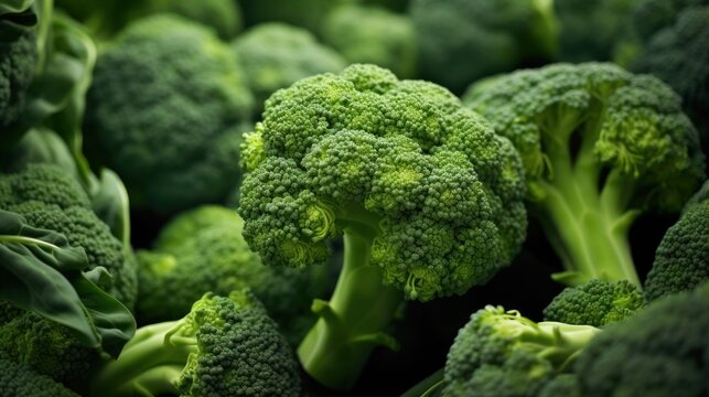  a close up of a bunch of broccoli with lots of broccoli florets in the background.