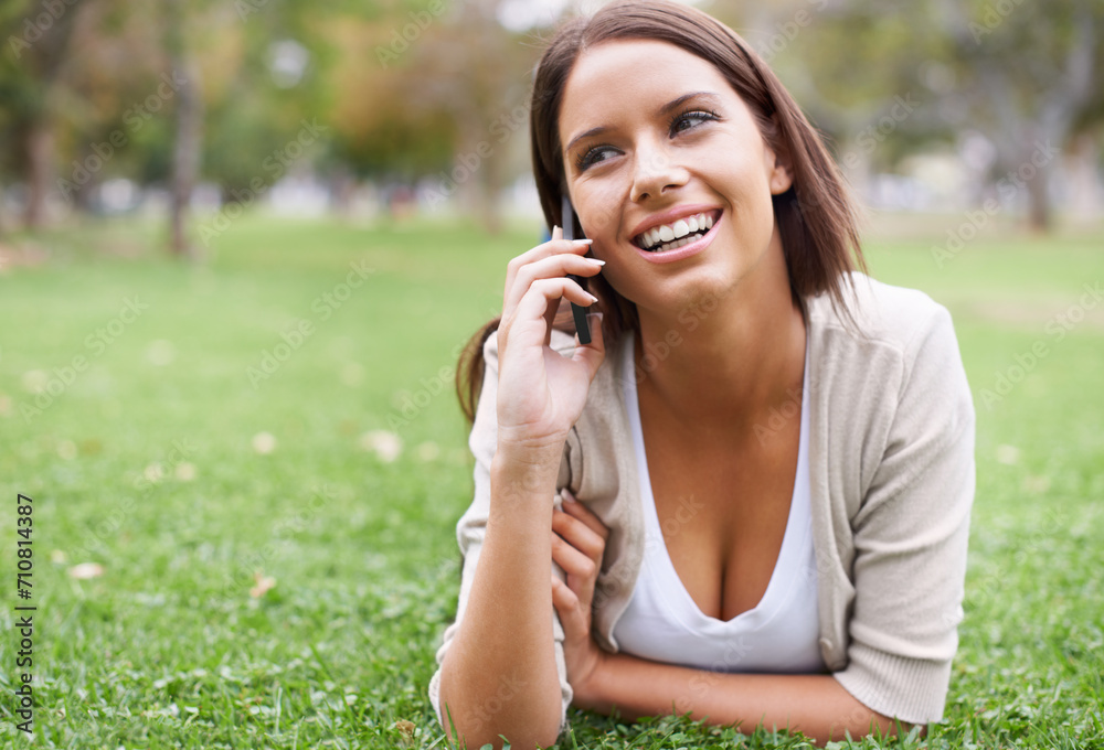 Wall mural woman, phone call and relax on grass conversation or communication, good news or gossip. female pers