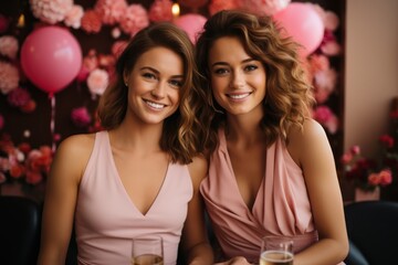 Galentines day. Two young women are sitting at the table and drinking wine, laughing, having fun together. - obrazy, fototapety, plakaty