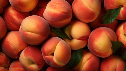  a pile of peaches with green leaves on top of them and a few peaches in the middle of the pile.
