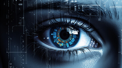 close up of woman face with eye and digital technology concept - obrazy, fototapety, plakaty